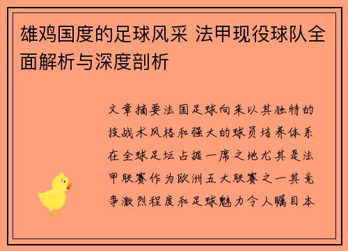 雄鸡国度的足球风采 法甲现役球队全面解析与深度剖析