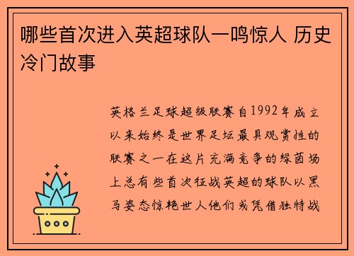 哪些首次进入英超球队一鸣惊人 历史冷门故事